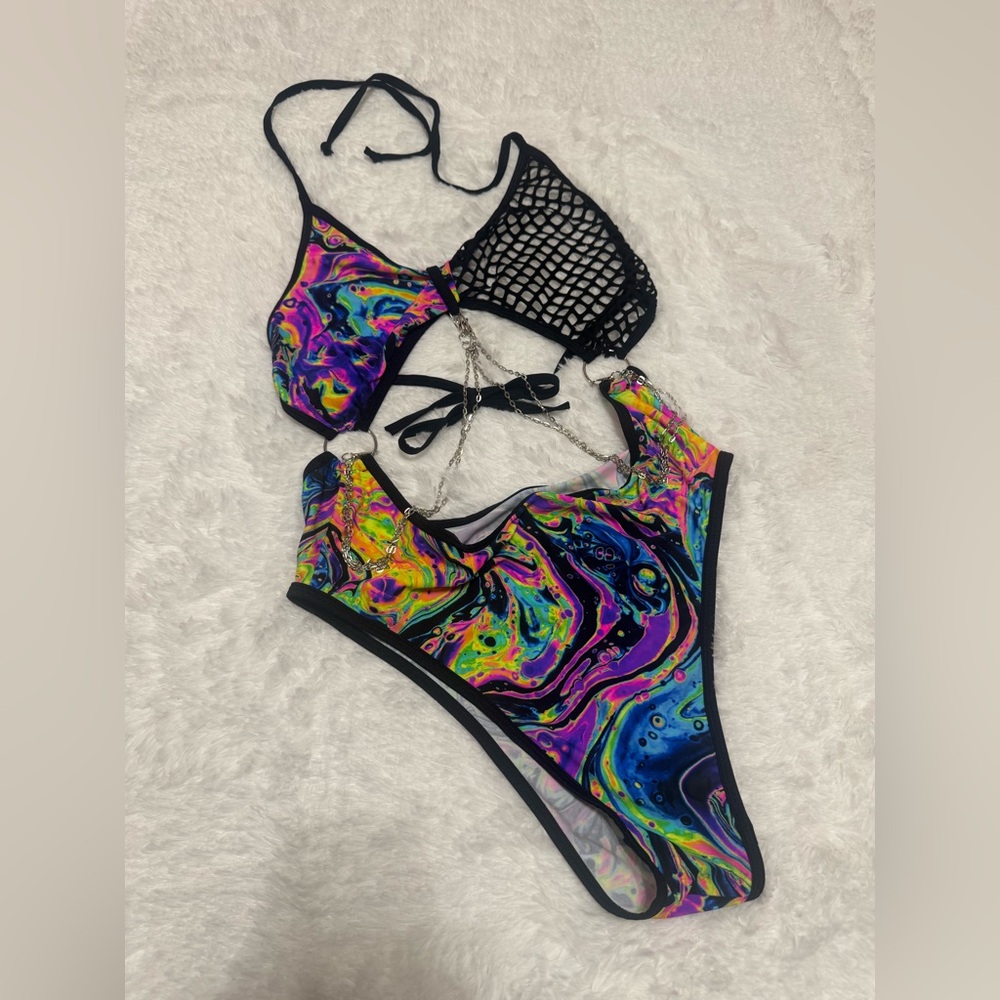 New 2xl neon tye dye chain bodysuit swimsuit festival rave outfit raver hippie